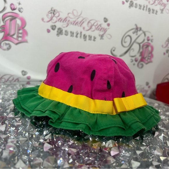 watermelon hat 🍉👒 baby 0-6 months pink black green yellow ribbon bow tie 🎀 - Picture 5 of 10